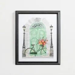 Framed Art-Kirkland's Home Parisian Mint Door With Bicycle Framed Art Print Green/White/Gray
