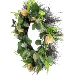 Wreaths-Kirkland's Home Peachy Roses And Baby'S Breath Wreath Green/Pink/White