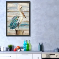 Framed Art-Kirkland's Home Pelican On Faux Shiplap Framed Art Print Tan/Blue/White