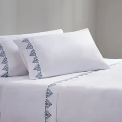 Bed Sheets-Kirkland's Home Petal Blossom Hem Microfiber 4-Pc. King Sheet Set White/Blue