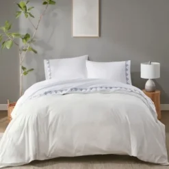 Bed Sheets-Kirkland's Home Petal Blossom Hem Microfiber 4-Pc. Queen Sheet Set White/Blue