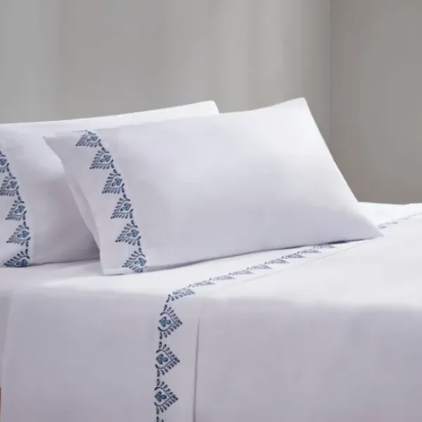 Bed Sheets-Kirkland's Home Petal Blossom Hem Microfiber 4-Pc. Full Sheet Set White/Blue
