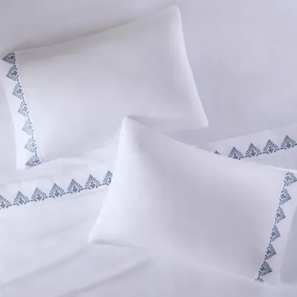 Bed Sheets-Kirkland's Home Petal Blossom Hem Microfiber 4-Pc. Full Sheet Set White/Blue