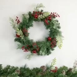 Wreaths-Kirkland's Home Pine And Berry Christmas Wreath, 24 In. Green/Red