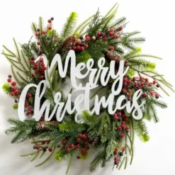 Wreaths-Kirkland's Home Pine And Berry Merry Christmas Wreath Green/Red/White