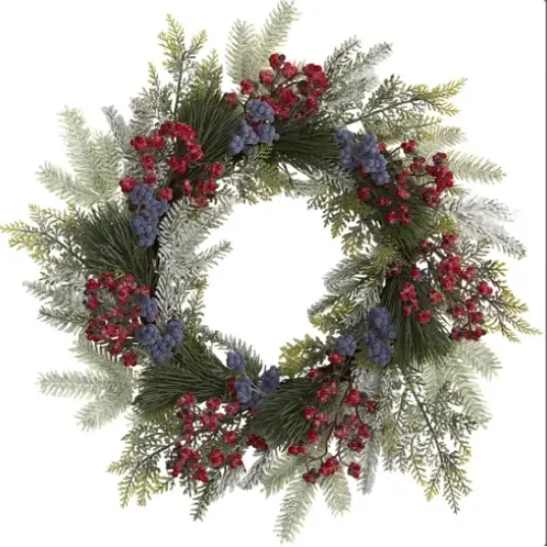 Wreaths-Kirkland's Home Pine And Cedar Branches With Berries Wreath Green/Red/Purple