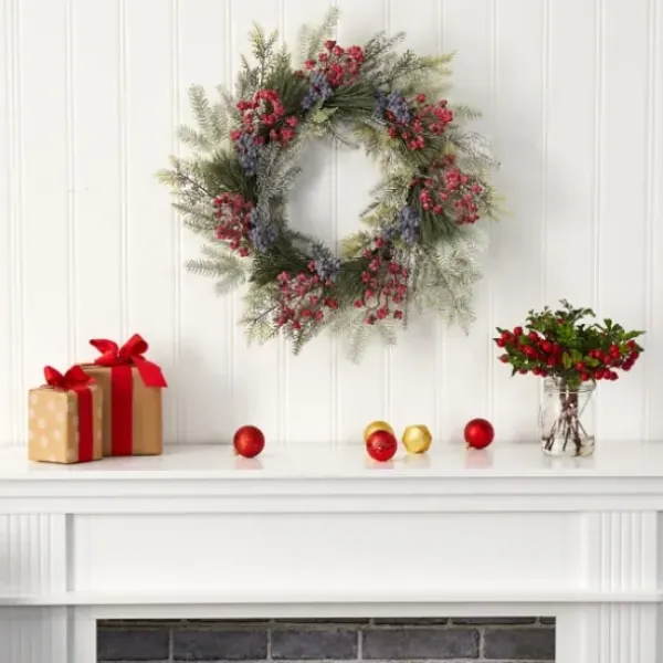 Wreaths-Kirkland's Home Pine And Cedar Branches With Berries Wreath Green/Red/Purple