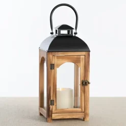 Lanterns-Kirkland's Home Pine Wood And Black Metal Lantern, 16 In. Brown/Black