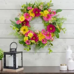 Wreaths-Kirkland's Home Pink And Yellow Chrysanthemum And Daisy Wreath Yellow/Pink/Green