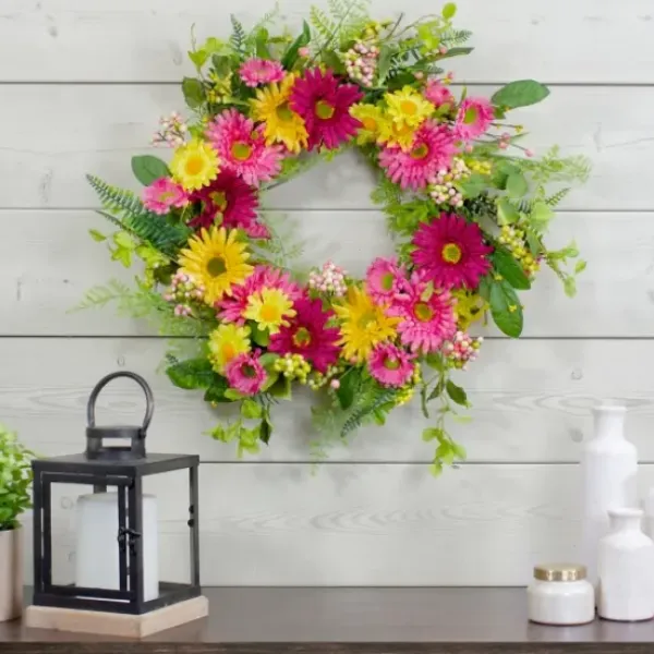 Wreaths-Kirkland's Home Pink And Yellow Chrysanthemum And Daisy Wreath Yellow/Pink/Green