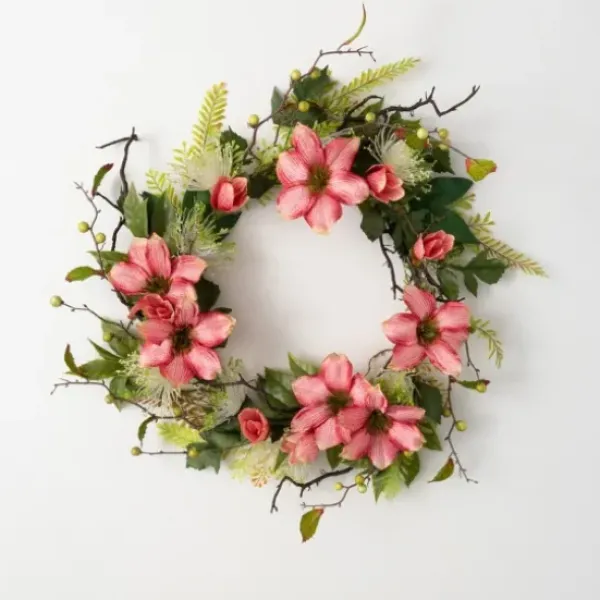 Wreaths-Kirkland's Home Pink Clematis And Greenery Wreath Pink/Green