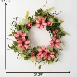 Wreaths-Kirkland's Home Pink Clematis And Greenery Wreath Pink/Green