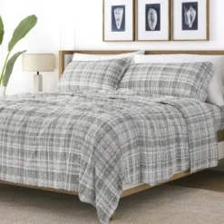 Bed Sheets-Kirkland's Home Plaid Polka Dot 3-Pc. Twin Sheet Set Gray