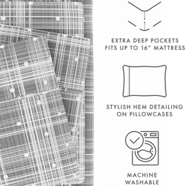 Bed Sheets-Kirkland's Home Plaid Polka Dot 3-Pc. Twin Sheet Set Gray