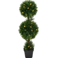 Trees & Topiaries-Kirkland's Home Pre-Lit Double Ball Cedar Potted Topiary