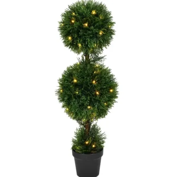 Trees & Topiaries-Kirkland's Home Pre-Lit Double Ball Cedar Potted Topiary