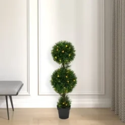 Trees & Topiaries-Kirkland's Home Pre-Lit Double Ball Cedar Potted Topiary