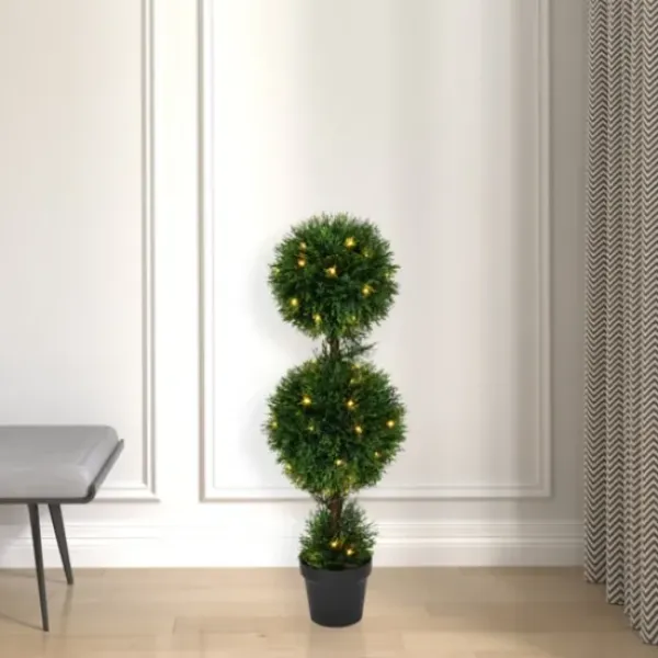 Trees & Topiaries-Kirkland's Home Pre-Lit Double Ball Cedar Potted Topiary