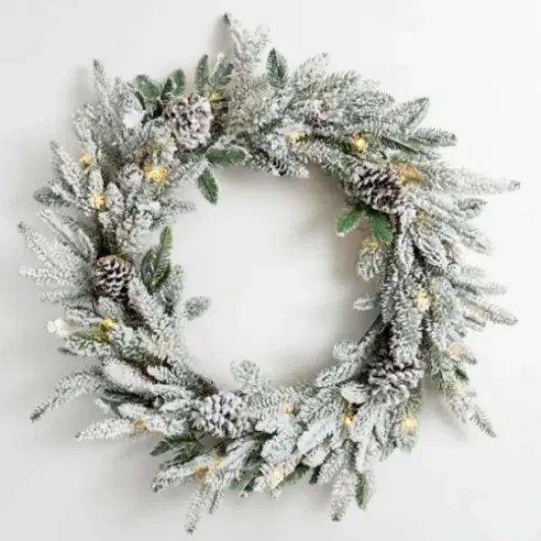 Wreaths-Kirkland's Home Pre-Lit Flocked Winter Pinecone Wreath White