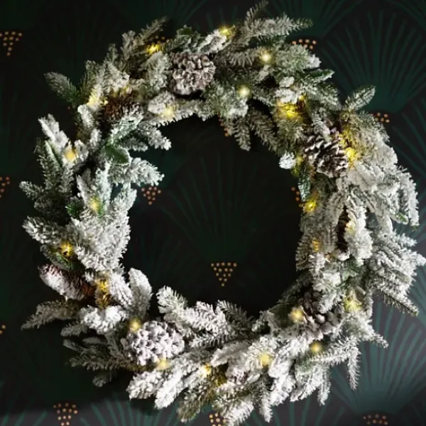 Wreaths-Kirkland's Home Pre-Lit Flocked Winter Pinecone Wreath White