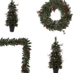 Arrangements & Greenery-Kirkland's Home Pre-Lit 4-Pc. Outdoor Christmas Greenery Set Green/Red
