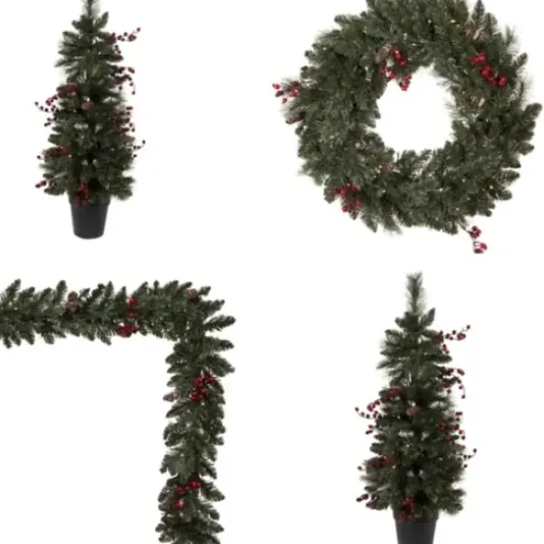Arrangements & Greenery-Kirkland's Home Pre-Lit 4-Pc. Outdoor Christmas Greenery Set Green/Red