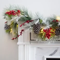 Arrangements & Greenery-Kirkland's Home Pre-Lit Pine Cone And Berry Flocked Garland Red/Green