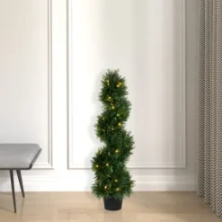 Trees & Topiaries-Kirkland's Home Pre-Lit Potted Spiral Pond Cypress Topiary, 3 Ft.