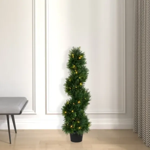Trees & Topiaries-Kirkland's Home Pre-Lit Potted Spiral Pond Cypress Topiary, 3 Ft.
