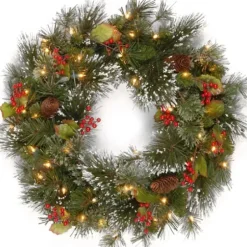 Wreaths-Kirkland's Home Pre-Lit Wintery Pine And Berry Christmas Wreath Green/Red