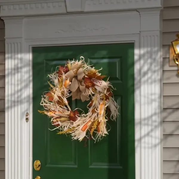 Wreaths-Kirkland's Home Raffia Corn Husk Maple Harvest Wreath Ivory/Orange