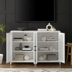 Tv Stands & Media Consoles-Kirkland's Home Rattan 4-Doors Wood Cabinet White