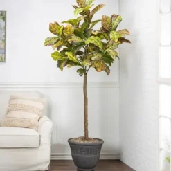 Trees & Topiaries-Kirkland's Home Real Touch Croton Leaf Tree In Black Pot, 6 Ft.