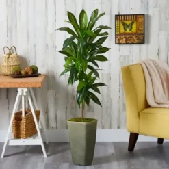 Trees & Topiaries-Kirkland's Home Real Touch Dracaena Tree In Green Planter, 4.5 Ft.
