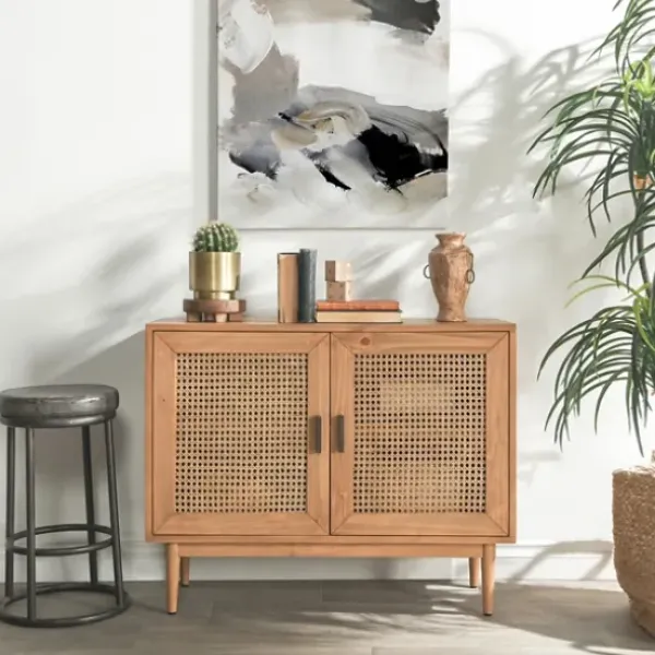Cabinets & Sideboards-Kirkland's Home Reclaimed Pine And Woven Cane Cabinet