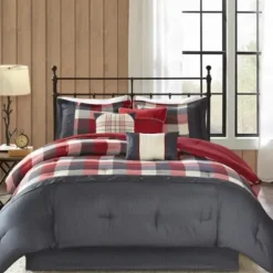 Comforters-Kirkland's Home Red Buffalo Check King 7-Pc. Comforter Set Red/White/Gray