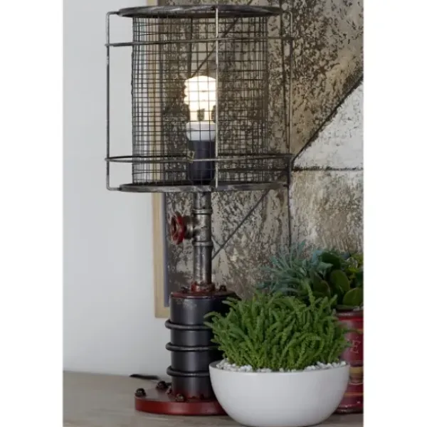 Table Lamps-Kirkland's Home Red Iron Cage Shade Edison Table Lamp Black