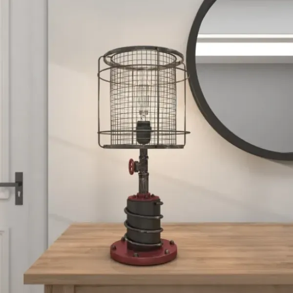 Table Lamps-Kirkland's Home Red Iron Cage Shade Edison Table Lamp Black
