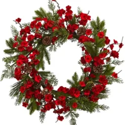 Wreaths-Kirkland's Home Red Plum Blossom Pinecone Wreath, 24 In. Green/Red