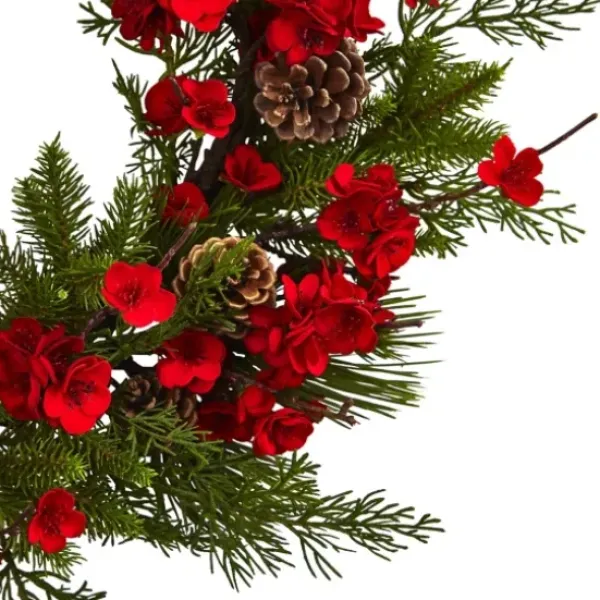 Wreaths-Kirkland's Home Red Plum Blossom Pinecone Wreath, 24 In. Green/Red
