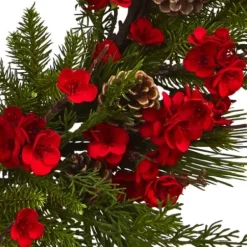 Wreaths-Kirkland's Home Red Plum Blossom Pinecone Wreath, 24 In. Green/Red