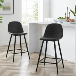Bar Stools & Counter Height Stools-Kirkland's Home Rorke Vegan Leather Counter Stools, Set Of 2 Black