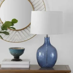 Table Lamps-Kirkland's Home Round Blue Textured Glass Table Lamp White