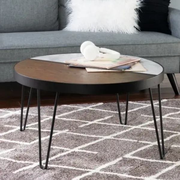 Coffee Tables-Kirkland's Home Round Brown Wood And White Marble Top Coffee Table Brown/White