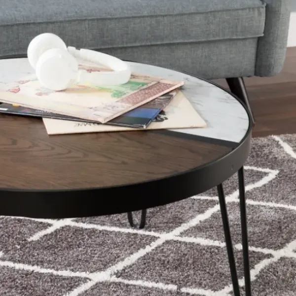 Coffee Tables-Kirkland's Home Round Brown Wood And White Marble Top Coffee Table Brown/White