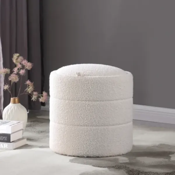 Benches & Ottomans-Kirkland's Home Round Cream Boucle Storage Ottoman Ivory