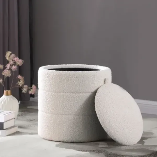 Benches & Ottomans-Kirkland's Home Round Cream Boucle Storage Ottoman Ivory