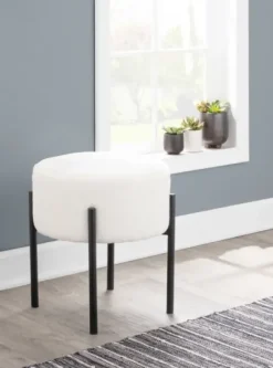 Benches & Ottomans-Kirkland's Home Round Cream Upholstered Metal Base Ottoman Ivory