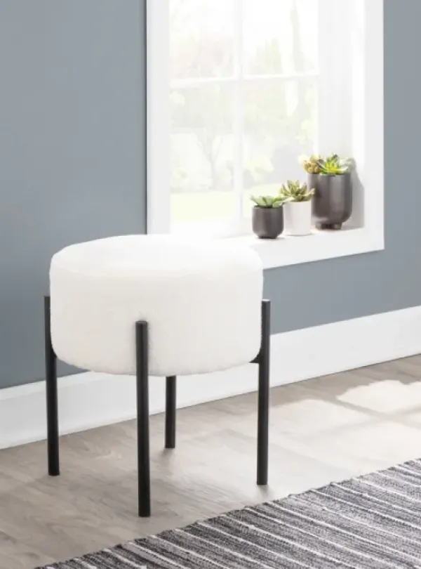 Benches & Ottomans-Kirkland's Home Round Cream Upholstered Metal Base Ottoman Ivory