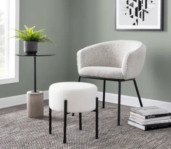 Benches & Ottomans-Kirkland's Home Round Cream Upholstered Metal Base Ottoman Ivory